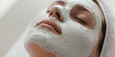 Person receiving facial treatment with mask applied to face. Concept Facial Skincare, Beauty Treatment, Skincare Routine, Spa Day, Relaxation Therapy