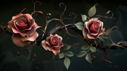 esign of roses with twisted branches and thorns in dark background