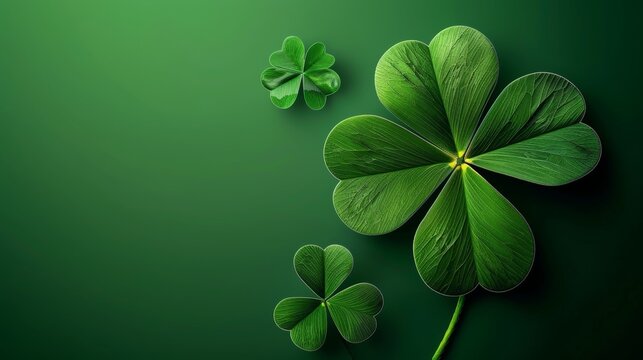 Four-leaf green clover for good luck on St. Patricks Day bright green background holiday concept of spring plant clover symbol.