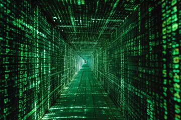 Infinite tunnel of binary code representing matrix, lit tunnel with binary code, creating a futuristic and techy atmosphere, AI generated