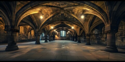 Fototapeta premium Glasgow University undercroft illuminated. Concept Architecture, Night photography, Illumination, Urban landscape