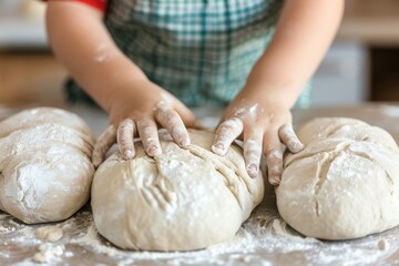 Child kneading dough on a floured surface, preparing homemade bread. Close-up of hands working in the kitchen.