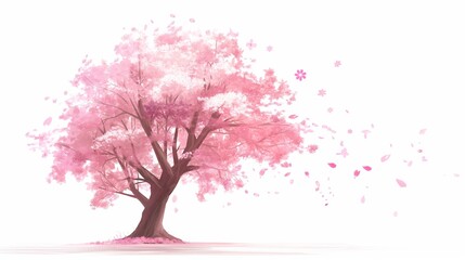 An sakura tree in full bloom, with pink cherry blossoms covering its branches, isolated on a white background. Anime foliage, anime background