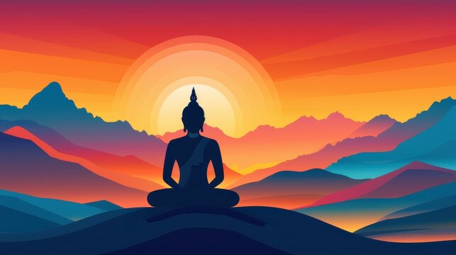 Intriguing cartoon illustration of a meditating Buddha statue in a unique and artistic silhouette style.