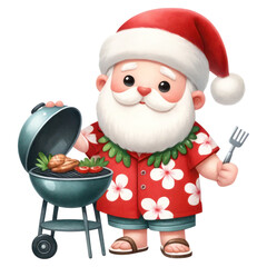 Santa Claus in a Hawaiian shirt grilling food. Perfect for festive, summer, or holiday-related content.