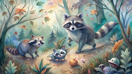 Playful raccoons exploring the forest,digital, illustration, watercolor