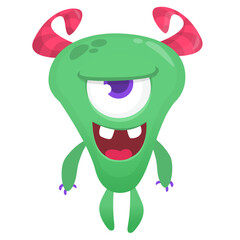 Funny cartoon monster character. Illustration of cute and happy alien creature for Halloween party decoration or package design. Vector isolated