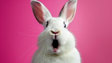 Obraz premium A portrait of a surprised-looking white rabbit with a cute expression on a pink background .