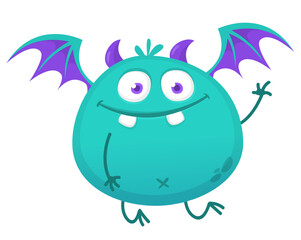 Funny cartoon monster character. Illustration of cute and happy alien creature for Halloween party decoration or package design. Vector isolated