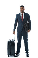 Studio, business man and suitcase for travel with corporate trip, entrepreneur and immigration flight. Attorney, luggage and ready for airport journey, professional and commute by white background