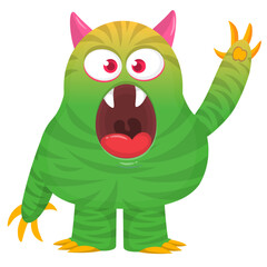 Funny cartoon monster character. Illustration of cute and happy alien creature for Halloween party decoration or package design. Vector isolated
