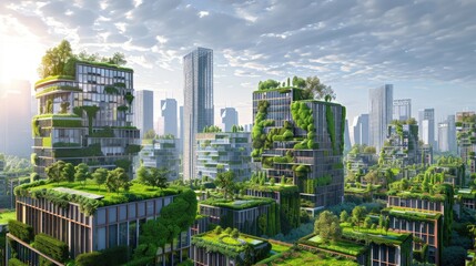 A sustainable cityscape with green roofs and vertical gardens