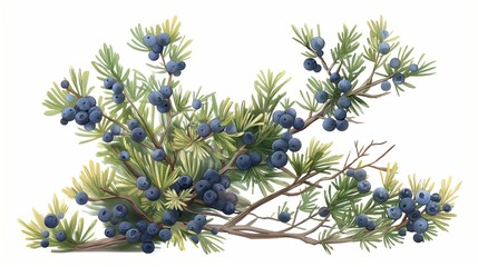 Fototapeta premium juniper bush with blue berries on a white background . Anime foliage, anime background