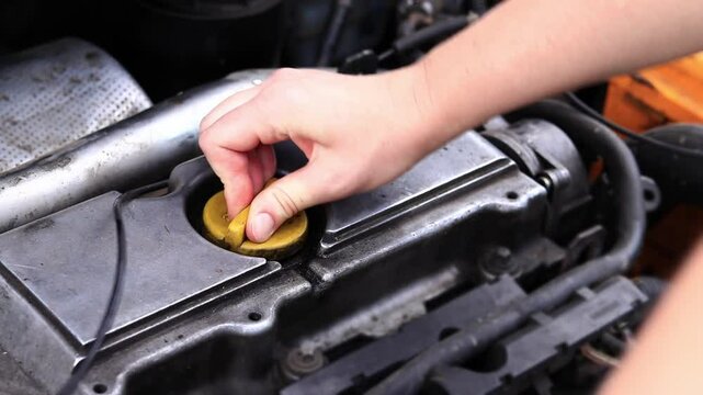 Change of oil. A woman's hand opens or closes the oil filler cap. Car maintenance