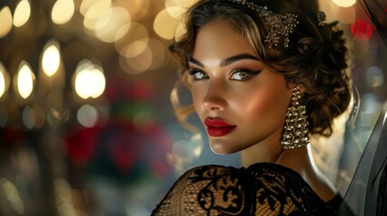 Embodying the essence of the Gatsby Era a woman radiates the flair and charm of the Roaring Twenties capturing the glamour and sophistication of that iconic time