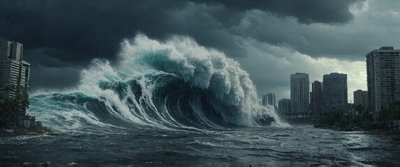 Giant tidal wave Stormy post apocalypse city End of the world City destruction Water destruction Stormy weather.