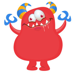 Funny cartoon monster character. Illustration of cute and happy alien creature for Halloween party decoration or package design. Vector isolated
