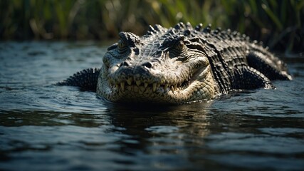 In the murky waters of the Everglades, a formidable crocodile lurks, its sinister gaze fixed on its surroundings with razor-sharp focus.