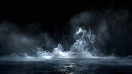 Fototapeta premium Ethereal mist dances on a velvety canvas where swirling smoke transforms into a symphony of light and shadow. An abstract ballet of fog and illumination casting an enchanting spell.