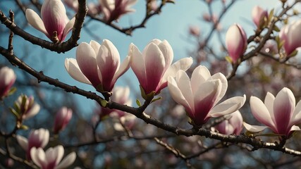 Magnolia branch in spring bloom floral backdrop.