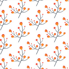 Seamless pattern autumn branch. Plant. Orange and yellow leaves on a white background. Ornament in Scandinavian style. Hand drown. Flat vector illustration
