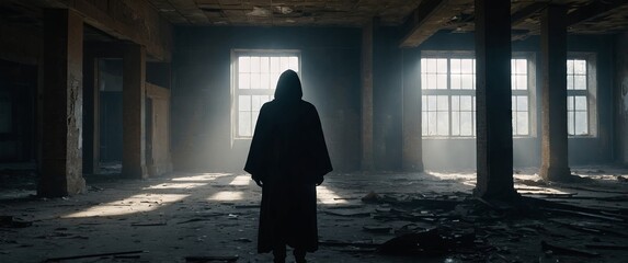 ghostly silhouette figure in a abandoned room sun rays lighting the place.