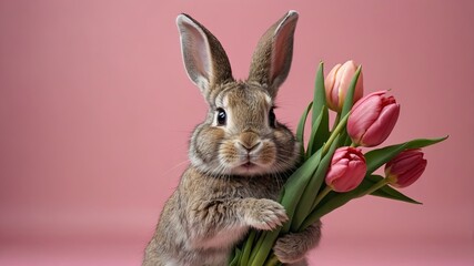 Fototapeta premium Funny rabbit holding a tulips bouquet on pink background Easter concept.