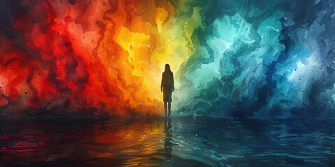 カラフルな光の背景の水彩画