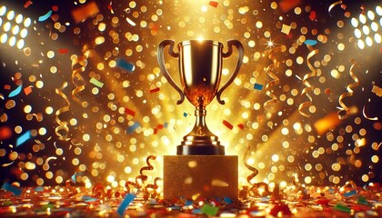 golden trophy illuminated under spotlights, surrounded by sparkling confetti in a celebratory atmosphere
