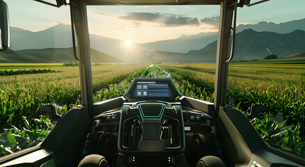 view from the driver's seat of an open modern tractor