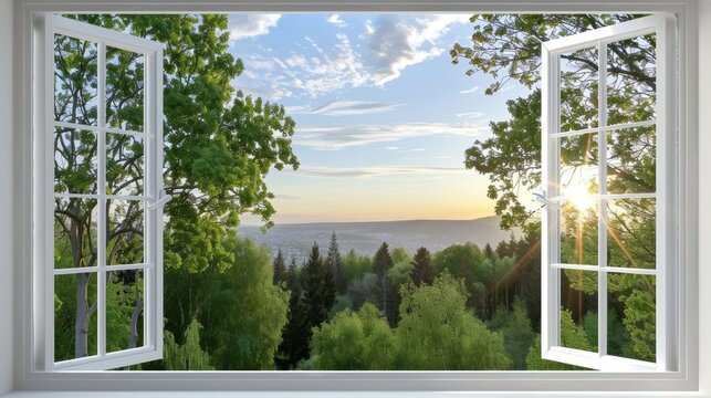 Fototapeta Open window with views to the green forest at sunset.