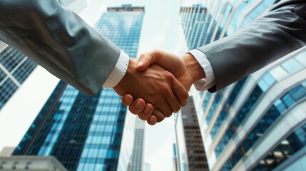 Businessmen shaking hands in front of skyscrapers, close-up shot. The concept symbolizes a business handshake and collaboration between two employees for partnership or street trading