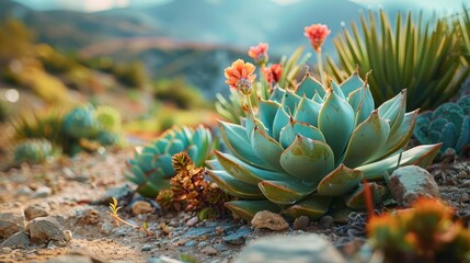 Fototapeta premium Succulent plants in a desert landscape, showcasing adaptation to arid conditions with rich textures