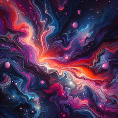 Fototapeta premium Abstract fluid art oil, cosmic nebula, Marbled effect with smooth color transitions, Dark background resembling space with small