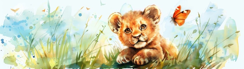 Watercolor illustration of an adorable lion cub lying in the grass, mesmerized by a fluttering butterfly on a bright, sunny day.