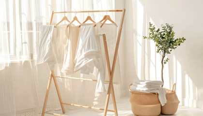 Clean laundry hanging on drying rack indoors