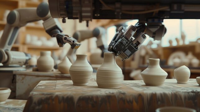 An advanced ceramics workshop with robotic arms sculpting pottery
