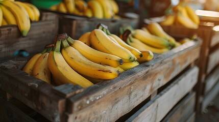 Ripe Bananas in Wooden Crates at a Market