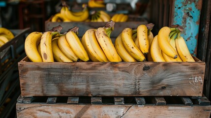 Ripe Bananas in Wooden Crate at Market