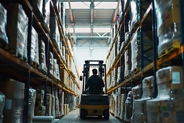 a man driving a forklift in a warehouse