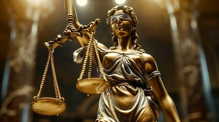 Fototapeta premium A bronze Themis stands tall amidst darkness her sightless eyes covered by a blindfold. In her hands she brandishes the scales of justice and a sword illuminated by a heavenly light.