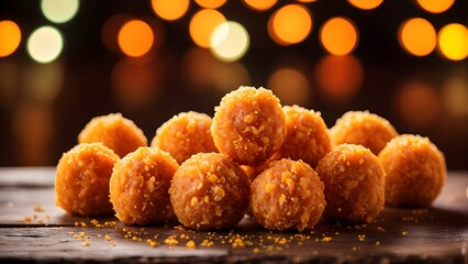 motichoor ladoo on the wooden table background diwali light 