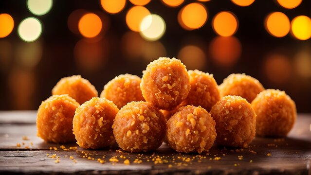 motichoor ladoo on the wooden table background diwali light 