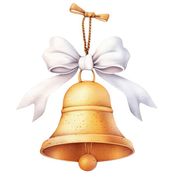 recommend clip art: Christmas jingle bell with white ribbon and bow in watercolor style clipart with transparent background