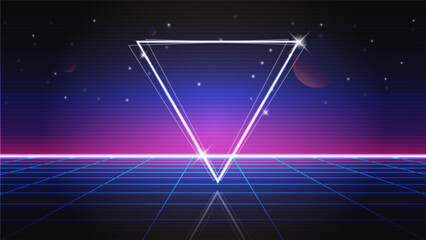 Retro background futuristic landscape 1980s style. Synthwave wireframe landscape.Digital retro landscape cyber surface. 80s party background.	