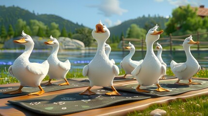 cartoon characters smiling geese doing yoga on yoga mats against the background of lake and mountains. June 21 is World Yoga Day