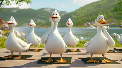 cartoon characters funny geese doing yoga on yoga mats against the background of lake and mountains. June 21 is World Yoga Day