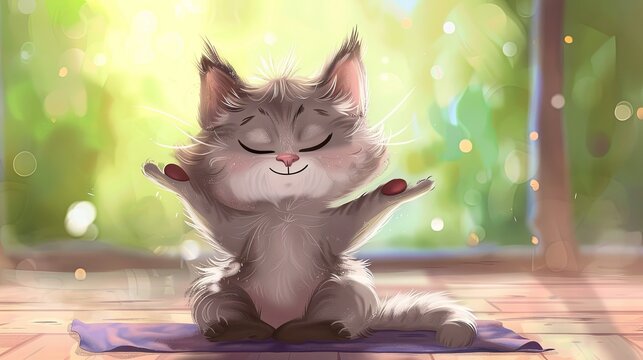 cartoon character cute fluffy cat doing yoga on a beautiful background with bokeh. June 21 is World Yoga Day
