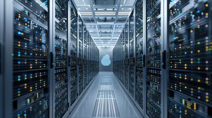 A cloud computing data center with rows of servers and a central AI monitoring system