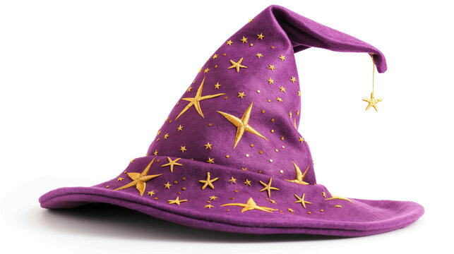 close up on purple wizard sorcerer hat with golden stars prop accessory on white background
